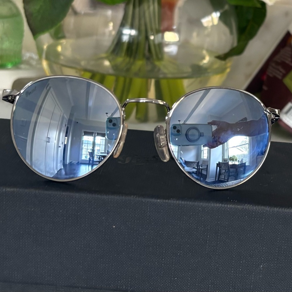 Persol Silver Sunglasses with Blue Lenses